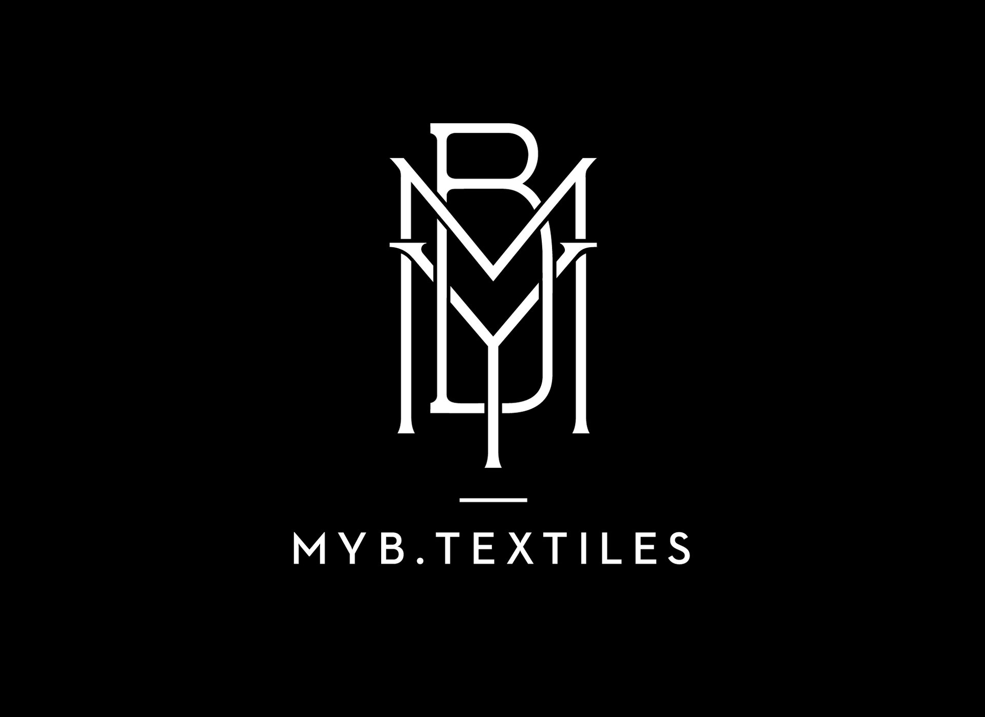 The MYB Textiles logo set in white on a black background.